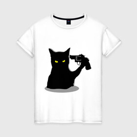 Женская футболка хлопок с принтом Black Cat Shooter в Екатеринбурге, 100% хлопок | прямой крой, круглый вырез горловины, длина до линии бедер, слегка спущенное плечо | кот | кошка | кошка с пистолетом | кошки | пистолет | револьвер | черная кошка