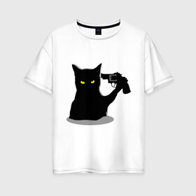 Женская футболка хлопок Oversize с принтом Black Cat Shooter в Екатеринбурге, 100% хлопок | свободный крой, круглый ворот, спущенный рукав, длина до линии бедер
 | кот | кошка | кошка с пистолетом | кошки | пистолет | револьвер | черная кошка