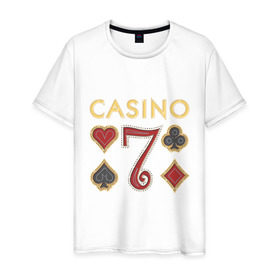 Мужская футболка хлопок с принтом Casino в Екатеринбурге, 100% хлопок | прямой крой, круглый вырез горловины, длина до линии бедер, слегка спущенное плечо. | 7 | casino | poker | азарт | игра | казино | карточная колода | карточные игры | карты | колода | масти | масть | покер | семь | ставки