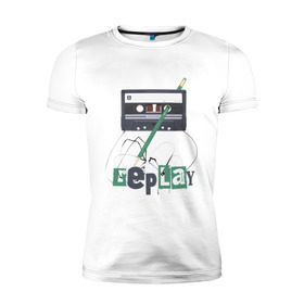 Мужская футболка премиум с принтом Replay в Екатеринбурге, 92% хлопок, 8% лайкра | приталенный силуэт, круглый вырез ворота, длина до линии бедра, короткий рукав | music | replay | replayреплей | аудиокассета | кассета | музыка