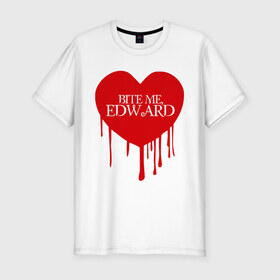 Мужская футболка премиум с принтом Bite me, Edward в Екатеринбурге, 92% хлопок, 8% лайкра | приталенный силуэт, круглый вырез ворота, длина до линии бедра, короткий рукав | Тематика изображения на принте: edward | new moon | twilight | бэлла | новолуние | сага | сумерки | эдвард