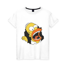 Женская футболка хлопок с принтом Гомер Симпсон вылезает в Екатеринбурге, 100% хлопок | прямой крой, круглый вырез горловины, длина до линии бедер, слегка спущенное плечо | гомер