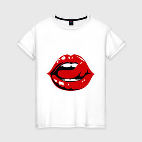 Женская футболка хлопок с принтом Губы и язык в Екатеринбурге, 100% хлопок | прямой крой, круглый вырез горловины, длина до линии бедер, слегка спущенное плечо | 8 марта | губы | губы и язык | девушкам | женские губы | красная помада | красные губы | язык