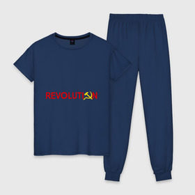Женская пижама хлопок с принтом Revolution (3) в Екатеринбурге, 100% хлопок | брюки и футболка прямого кроя, без карманов, на брюках мягкая резинка на поясе и по низу штанин | коммунизм | молот | революция | серп | советский | социализм | союз