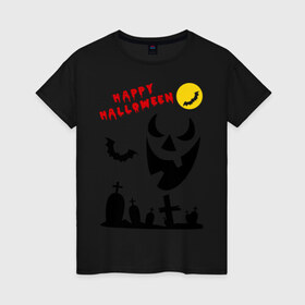 Женская футболка хлопок с принтом Happy Halloween в Екатеринбурге, 100% хлопок | прямой крой, круглый вырез горловины, длина до линии бедер, слегка спущенное плечо | 31 октября | halloven | hallovin | halloween | hallowin | haloveen | haloven | halovin | haloween | halowen | helloween | hellowin | heloven | helowen | халлоуин | халлуин | халовин | халоуин | хелловин | хеллоуин | хеллу | хеллувин | хеловин | хелоуин | 