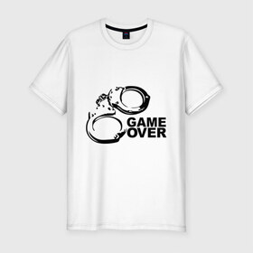 Мужская футболка премиум с принтом Game Over наручники в Екатеринбурге, 92% хлопок, 8% лайкра | приталенный силуэт, круглый вырез ворота, длина до линии бедра, короткий рукав | game over | арест | арестовать | заключенный | игра окончена | милиция | наручники