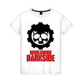 Женская футболка хлопок с принтом Worldwide Darkside в Екатеринбурге, 100% хлопок | прямой крой, круглый вырез горловины, длина до линии бедер, слегка спущенное плечо | сторона | темная | череп | черепушка | шестеренка | электро | электронная