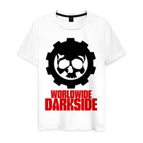 Мужская футболка хлопок с принтом Worldwide Darkside в Екатеринбурге, 100% хлопок | прямой крой, круглый вырез горловины, длина до линии бедер, слегка спущенное плечо. | сторона | темная | череп | черепушка | шестеренка | электро | электронная