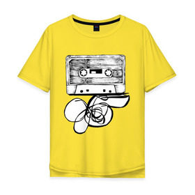 Мужская футболка хлопок Oversize с принтом Размотанная кассета в Екатеринбурге, 100% хлопок | свободный крой, круглый ворот, “спинка” длиннее передней части | Тематика изображения на принте: аудиокассета | дека | касеста | компакт кассета | музыка | размотанная кассета