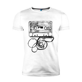 Мужская футболка премиум с принтом Размотанная кассета в Екатеринбурге, 92% хлопок, 8% лайкра | приталенный силуэт, круглый вырез ворота, длина до линии бедра, короткий рукав | аудиокассета | дека | касеста | компакт кассета | музыка | размотанная кассета