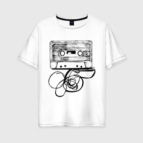 Женская футболка хлопок Oversize с принтом Размотанная кассета в Екатеринбурге, 100% хлопок | свободный крой, круглый ворот, спущенный рукав, длина до линии бедер
 | аудиокассета | дека | касеста | компакт кассета | музыка | размотанная кассета
