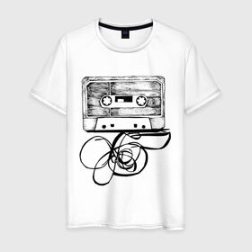 Мужская футболка хлопок с принтом Размотанная кассета в Екатеринбурге, 100% хлопок | прямой крой, круглый вырез горловины, длина до линии бедер, слегка спущенное плечо. | аудиокассета | дека | касеста | компакт кассета | музыка | размотанная кассета