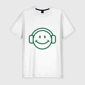 Мужская футболка премиум с принтом Смайл в наушниках в Екатеринбурге, 92% хлопок, 8% лайкра | приталенный силуэт, круглый вырез ворота, длина до линии бедра, короткий рукав | Тематика изображения на принте: smile | наушники | смайл | смайлик | улыбка