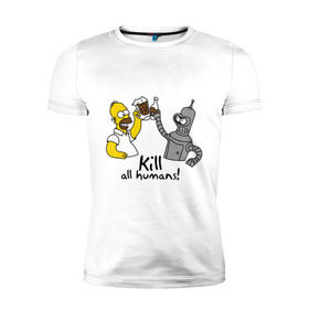 Мужская футболка премиум с принтом Бендер пьет с Гомером в Екатеринбурге, 92% хлопок, 8% лайкра | приталенный силуэт, круглый вырез ворота, длина до линии бедра, короткий рукав | гомер