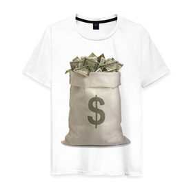Мужская футболка хлопок с принтом Мешок денег в Екатеринбурге, 100% хлопок | прямой крой, круглый вырез горловины, длина до линии бедер, слегка спущенное плечо. | dollars | бабло | баксы | валюта | деньги | доллары | мешок денег | много денег | работа | работать