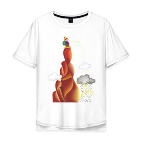 Мужская футболка хлопок Oversize с принтом Турист писает в Екатеринбурге, 100% хлопок | свободный крой, круглый ворот, “спинка” длиннее передней части | вершина | гора | дождь | писать | прикольные | турист. рисунок