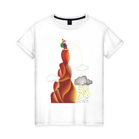 Женская футболка хлопок с принтом Турист писает в Екатеринбурге, 100% хлопок | прямой крой, круглый вырез горловины, длина до линии бедер, слегка спущенное плечо | вершина | гора | дождь | писать | прикольные | турист. рисунок