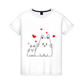 Женская футболка хлопок с принтом Кошачья любовь в Екатеринбурге, 100% хлопок | прямой крой, круглый вырез горловины, длина до линии бедер, слегка спущенное плечо | коты | кошачья любовь | кошки | любовь | сердце | чувства