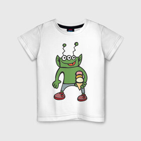 Детская футболка хлопок с принтом Инопланетянин с мороженым в Екатеринбурге, 100% хлопок | круглый вырез горловины, полуприлегающий силуэт, длина до линии бедер | гуманоид | инопланетянин | космос | летающая тарелка | мороженное | нло | пришелец | пришельцы