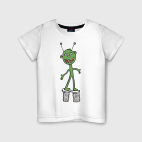 Детская футболка хлопок с принтом Инопланетянин на пружине в Екатеринбурге, 100% хлопок | круглый вырез горловины, полуприлегающий силуэт, длина до линии бедер | гуманоид | инопланетянин | космос | летающая тарелка | нло | пришелец | пришельцы | смешной пришелец | ходули