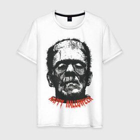 Мужская футболка хлопок с принтом Хэллоуин - Франкенштейн в Екатеринбурге, 100% хлопок | прямой крой, круглый вырез горловины, длина до линии бедер, слегка спущенное плечо. | 