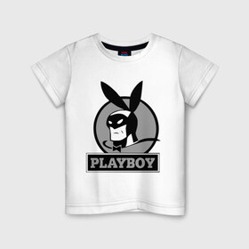 Детская футболка хлопок с принтом Playboy (Человек-кролик) в Екатеринбурге, 100% хлопок | круглый вырез горловины, полуприлегающий силуэт, длина до линии бедер | Тематика изображения на принте: кролик | плейбой | плэйбой | символа playboy человек кролик. rabbitman.playboy