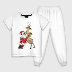 Детская пижама хлопок с принтом Крутой Мороз и Олень в Екатеринбурге, 100% хлопок |  брюки и футболка прямого кроя, без карманов, на брюках мягкая резинка на поясе и по низу штанин
 | new year | дед мороз | мороз | нг | олень | санта | санта клаус