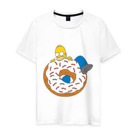 Мужская футболка хлопок с принтом Гомер ест пончик в Екатеринбурге, 100% хлопок | прямой крой, круглый вырез горловины, длина до линии бедер, слегка спущенное плечо. | гомер