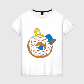 Женская футболка хлопок с принтом Гомер ест пончик в Екатеринбурге, 100% хлопок | прямой крой, круглый вырез горловины, длина до линии бедер, слегка спущенное плечо | гомер