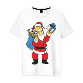 Мужская футболка хлопок с принтом Гомер санта клаус в Екатеринбурге, 100% хлопок | прямой крой, круглый вырез горловины, длина до линии бедер, слегка спущенное плечо. | simpsons | санта клаус | симпсоны | симсоны
