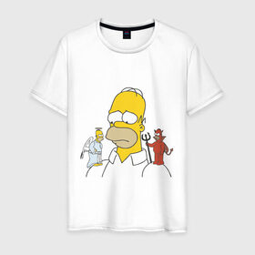 Мужская футболка хлопок с принтом Гомер симпсон добро и зло в Екатеринбурге, 100% хлопок | прямой крой, круглый вырез горловины, длина до линии бедер, слегка спущенное плечо. | Тематика изображения на принте: гомер