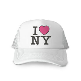 Кепка тракер с сеткой с принтом I Love NY - Я люблю Нью-Йорк в Екатеринбурге, трикотажное полотно; задняя часть — сетка | длинный козырек, универсальный размер, пластиковая застежка | i love | i love ny | new york | new york. america | америка | американский | нью йорк | я люблю нью йорк