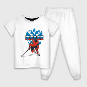 Детская пижама хлопок с принтом Россия(4) в Екатеринбурге, 100% хлопок |  брюки и футболка прямого кроя, без карманов, на брюках мягкая резинка на поясе и по низу штанин
 | Тематика изображения на принте: национальная лига | нхл | россия | хокей | хоккей | хоккейная лига | хоккейный клуб
