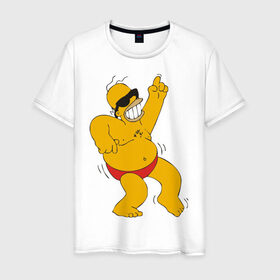 Мужская футболка хлопок с принтом Гомер симпсон танцует в Екатеринбурге, 100% хлопок | прямой крой, круглый вырез горловины, длина до линии бедер, слегка спущенное плечо. | гомер