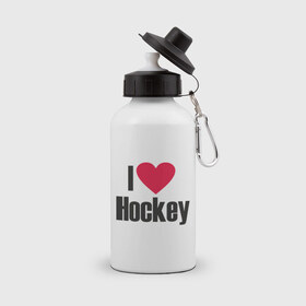 Бутылка спортивная с принтом Я люблю хоккей! в Екатеринбурге, металл | емкость — 500 мл, в комплекте две пластиковые крышки и карабин для крепления | люблю смотреть хоккей | нхл | хоккеист | хоккеисты | хоккей