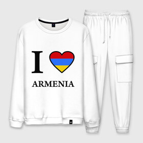 Мужской костюм хлопок с принтом I love Armenia в Екатеринбурге, 100% хлопок | на свитшоте круглая горловина, мягкая резинка по низу. Брюки заужены к низу, на них два вида карманов: два “обычных” по бокам и два объемных, с клапанами, расположенные ниже линии бедра. Брюки с мягкой трикотажной резинкой на поясе и по низу штанин. В поясе для дополнительного комфорта — широкие завязки | Тематика изображения на принте: armenia | армению | армения | армяне | армянин | ереван | люблю | флаг