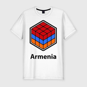 Мужская футболка премиум с принтом Кубик – Армения в Екатеринбурге, 92% хлопок, 8% лайкра | приталенный силуэт, круглый вырез ворота, длина до линии бедра, короткий рукав | Тематика изображения на принте: армения | армяне | армянин | ереван | кубик | кубик рубик | флаг | флаг армении в магическом кубике.armenia