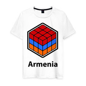 Мужская футболка хлопок с принтом Кубик – Армения в Екатеринбурге, 100% хлопок | прямой крой, круглый вырез горловины, длина до линии бедер, слегка спущенное плечо. | армения | армяне | армянин | ереван | кубик | кубик рубик | флаг | флаг армении в магическом кубике.armenia