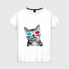 Женская футболка хлопок с принтом Кот в стереоочках в Екатеринбурге, 100% хлопок | прямой крой, круглый вырез горловины, длина до линии бедер, слегка спущенное плечо | анаглифы | кот | коты | кошки | стерео очки