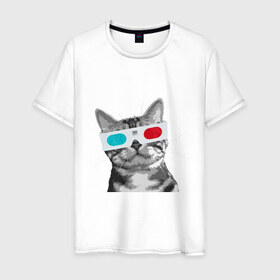 Мужская футболка хлопок с принтом Кот в стереоочках в Екатеринбурге, 100% хлопок | прямой крой, круглый вырез горловины, длина до линии бедер, слегка спущенное плечо. | анаглифы | кот | коты | кошки | стерео очки