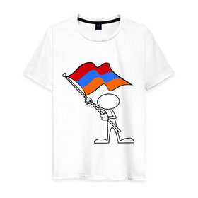 Мужская футболка хлопок с принтом Армения (человек с флагом) в Екатеринбурге, 100% хлопок | прямой крой, круглый вырез горловины, длина до линии бедер, слегка спущенное плечо. | armenia | армении | армения | армяне | армянин | армянка | ереван | флаг