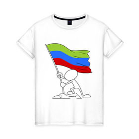 Женская футболка хлопок с принтом Дагестан (человек с флагом) в Екатеринбурге, 100% хлопок | прямой крой, круглый вырез горловины, длина до линии бедер, слегка спущенное плечо | 05 регион | даг | дагестан | даги | кавказ | кавказский | кавказцы | флаг