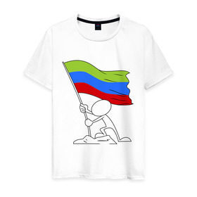 Мужская футболка хлопок с принтом Дагестан (человек с флагом) в Екатеринбурге, 100% хлопок | прямой крой, круглый вырез горловины, длина до линии бедер, слегка спущенное плечо. | 05 регион | даг | дагестан | даги | кавказ | кавказский | кавказцы | флаг
