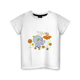 Детская футболка хлопок с принтом Kiddy21 в Екатеринбурге, 100% хлопок | круглый вырез горловины, полуприлегающий силуэт, длина до линии бедер | Тематика изображения на принте: бегемот | бегемотик | божьи коровки | цветочки