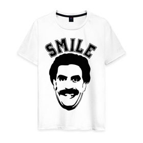 Мужская футболка хлопок с принтом Борат-smile в Екатеринбурге, 100% хлопок | прямой крой, круглый вырез горловины, длина до линии бедер, слегка спущенное плечо. | borat smileкавказ | борат | борат smile | кавказцы