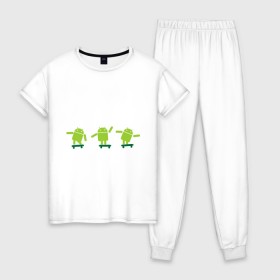 Женская пижама хлопок с принтом Android на скейте в Екатеринбурге, 100% хлопок | брюки и футболка прямого кроя, без карманов, на брюках мягкая резинка на поясе и по низу штанин | 