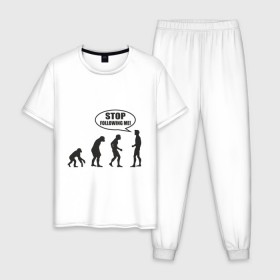 Мужская пижама хлопок с принтом Stop following me в Екатеринбурге, 100% хлопок | брюки и футболка прямого кроя, без карманов, на брюках мягкая резинка на поясе и по низу штанин
 | за мной | люди | неандертальцы | пещерные | преследовать | хватит | ходить | человек | эволюция