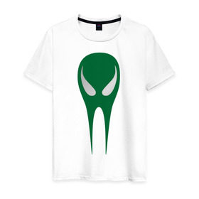 Мужская футболка хлопок с принтом Зеленый череп в Екатеринбурге, 100% хлопок | прямой крой, круглый вырез горловины, длина до линии бедер, слегка спущенное плечо. | гуманоид | зеленый череп | инопланетянин | нло | пришелец | череп