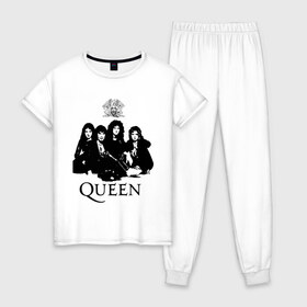 Женская пижама хлопок с принтом Queen All в Екатеринбурге, 100% хлопок | брюки и футболка прямого кроя, без карманов, на брюках мягкая резинка на поясе и по низу штанин | freddie mercury | heavy metal | queen | rock | группа queen | квин | куин | логотип | меркури | меркюри | музыка | рок | рок группа | рок группы | фредди меркьюри | фреди | хэви метал