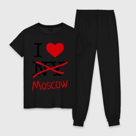 Женская пижама хлопок с принтом I love Moscow (2) в Екатеринбурге, 100% хлопок | брюки и футболка прямого кроя, без карманов, на брюках мягкая резинка на поясе и по низу штанин | i love | i love moscow | i love new york | moscow | new york | москва | нью йорк | столица | я люблю москву | я люблю нью йорк